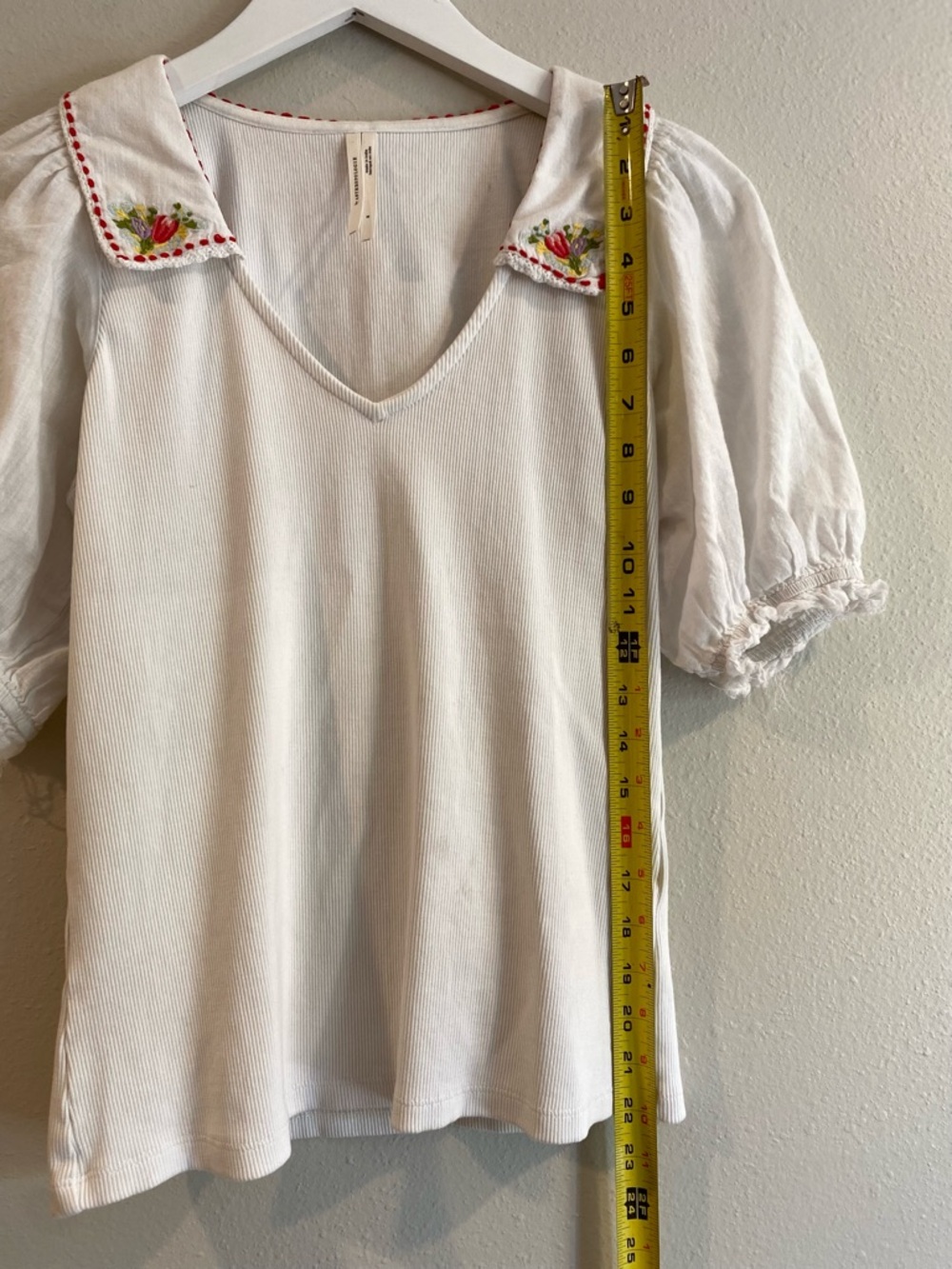 Anthropologie Embroidered Peter Pan Collar Ribbed Puff Sleeve Top S Cottagecore - Picture 5 of 14